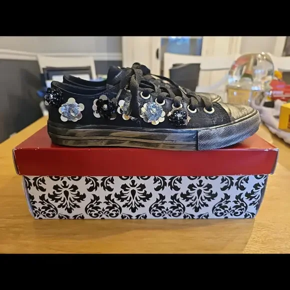 Naughty Monkey Womens Michele Size 8 Black Distressed Beaded Sequin Lace Up Flat - Picture 5 of 8